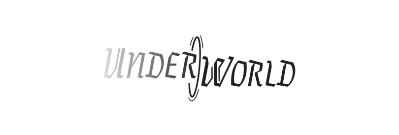 The word "Underworld" arranged to look like it's traveling through a portal.